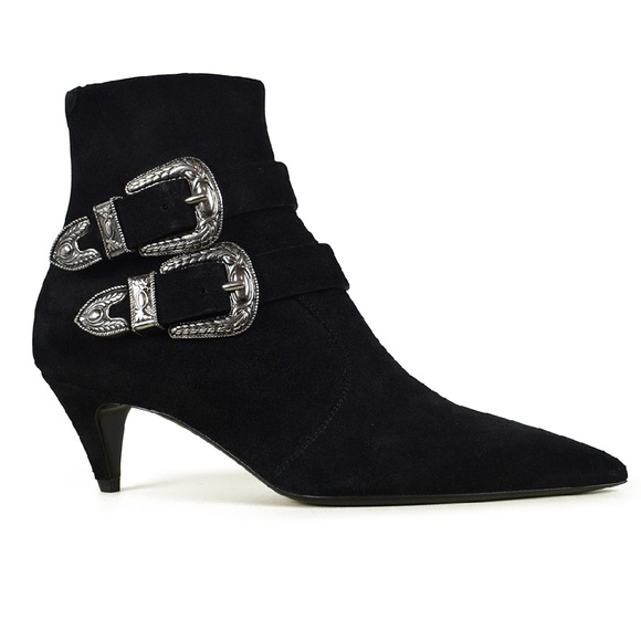 SAINT LAURENT CHARLOTTE 55 ZIP 2B WESTERN BOOTIE - SIZE 38 - BLACK SUEDE - Picture 1 of 16